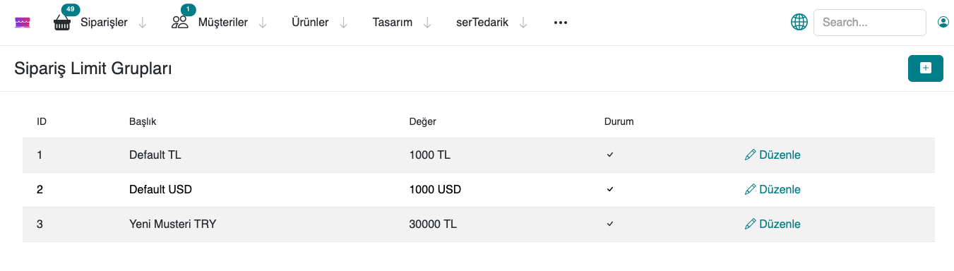 Order Limit Group Screen