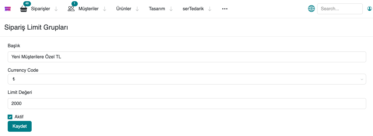 Order Limit Group Screen
