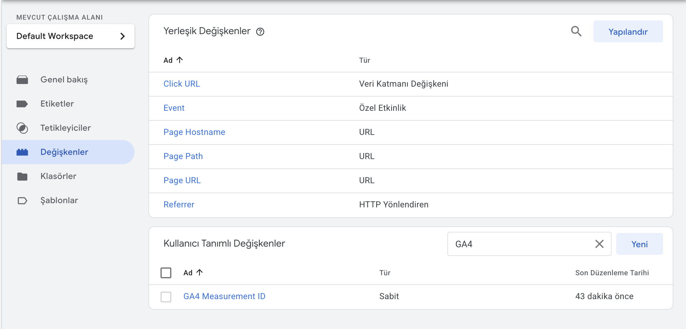 GTM Değişkenler - GA4 Measurement ID